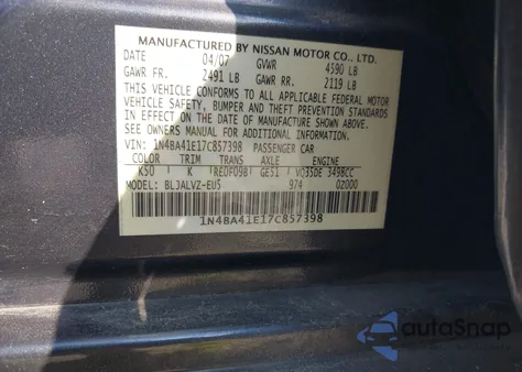 2007 Nissan Maxima 3.5 Se from USA, damaged, VIN 1N4BA41E17C857398